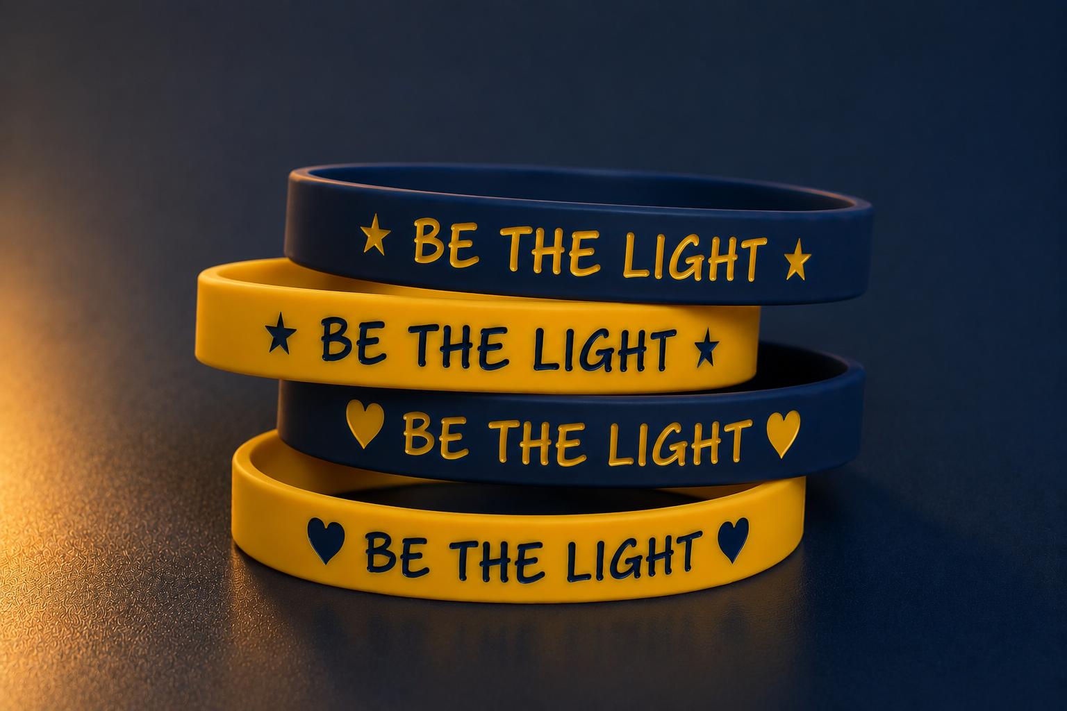 Four navy and gold Little Lights wristbands in heart and star designs, featuring the words Be the Light